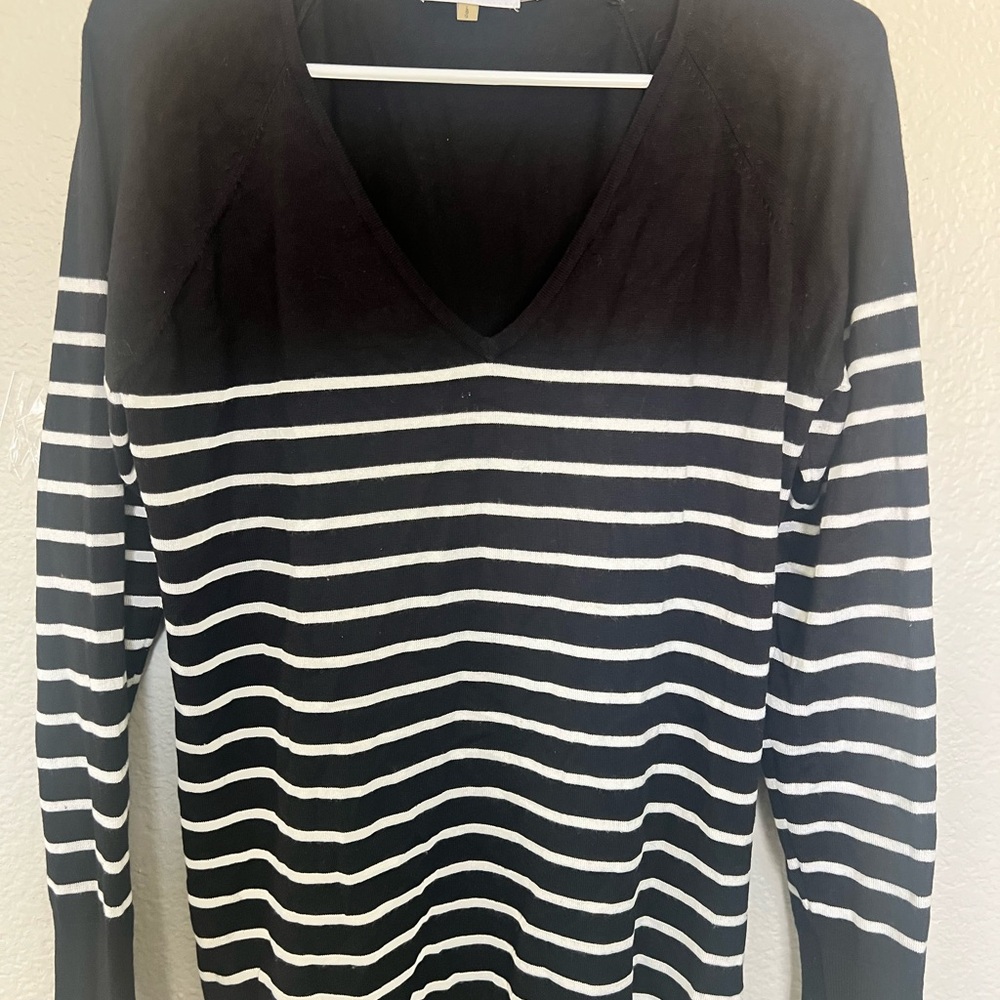 Black and White Striped V-Neck Sweater